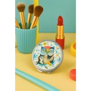 Allen Designs 2000s “Owl & Owlet” Metal Enameled Compact Mirror Pill Box, 2.25”